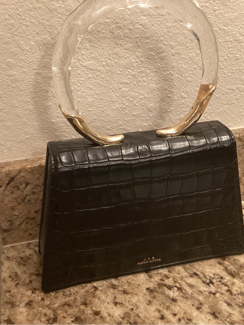 Alexis Bittar Black Croc-Embossed Mini Top-Handle Bag with Clear Acrylic Handles